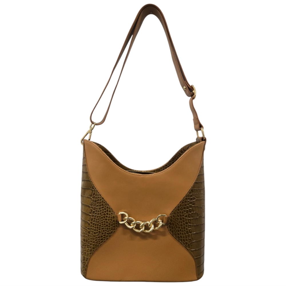 Giordano Martinelli Brown Leather Croc Embossed Shoulder Bag Purse‎